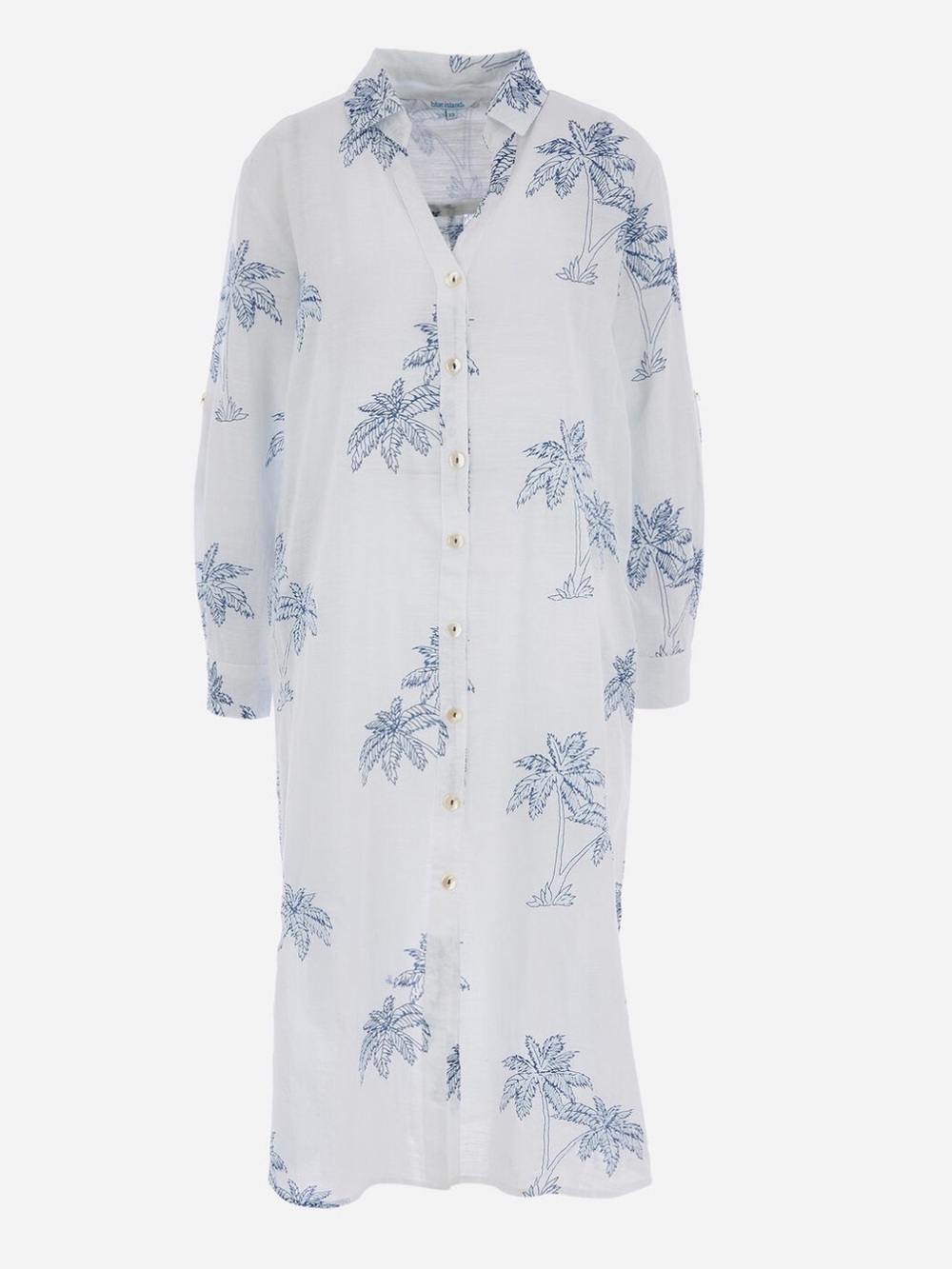Blue Island Palm Tree print embroidered Midi  Dress with pockets, NWT, size L